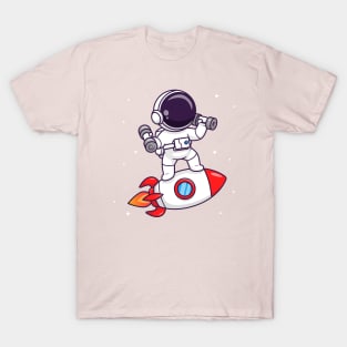 Cute Astronaut Lifting Dumbbell On Rocket Cartoon T-Shirt